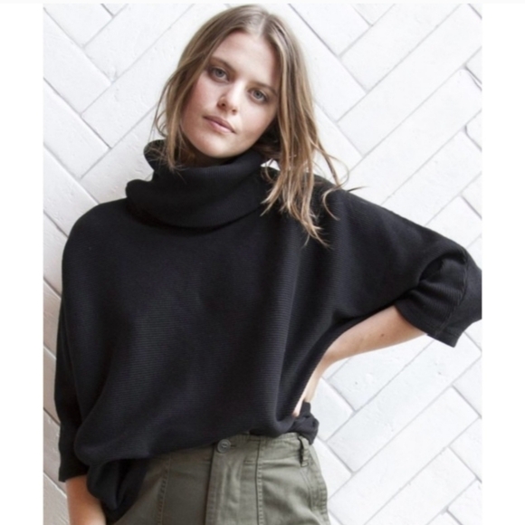 Esby Mesa Top Black Rib Dolman Sleeve Turtleneck Sweater 100% Cotton Medium - Picture 2 of 8